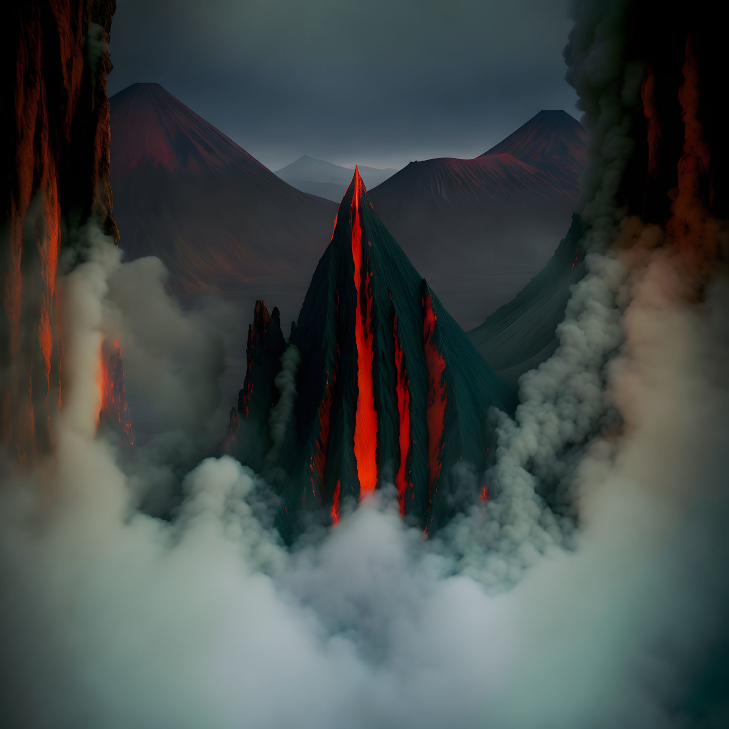 Fantastical volcanic mountain landscape with lava flows and misty cliffs