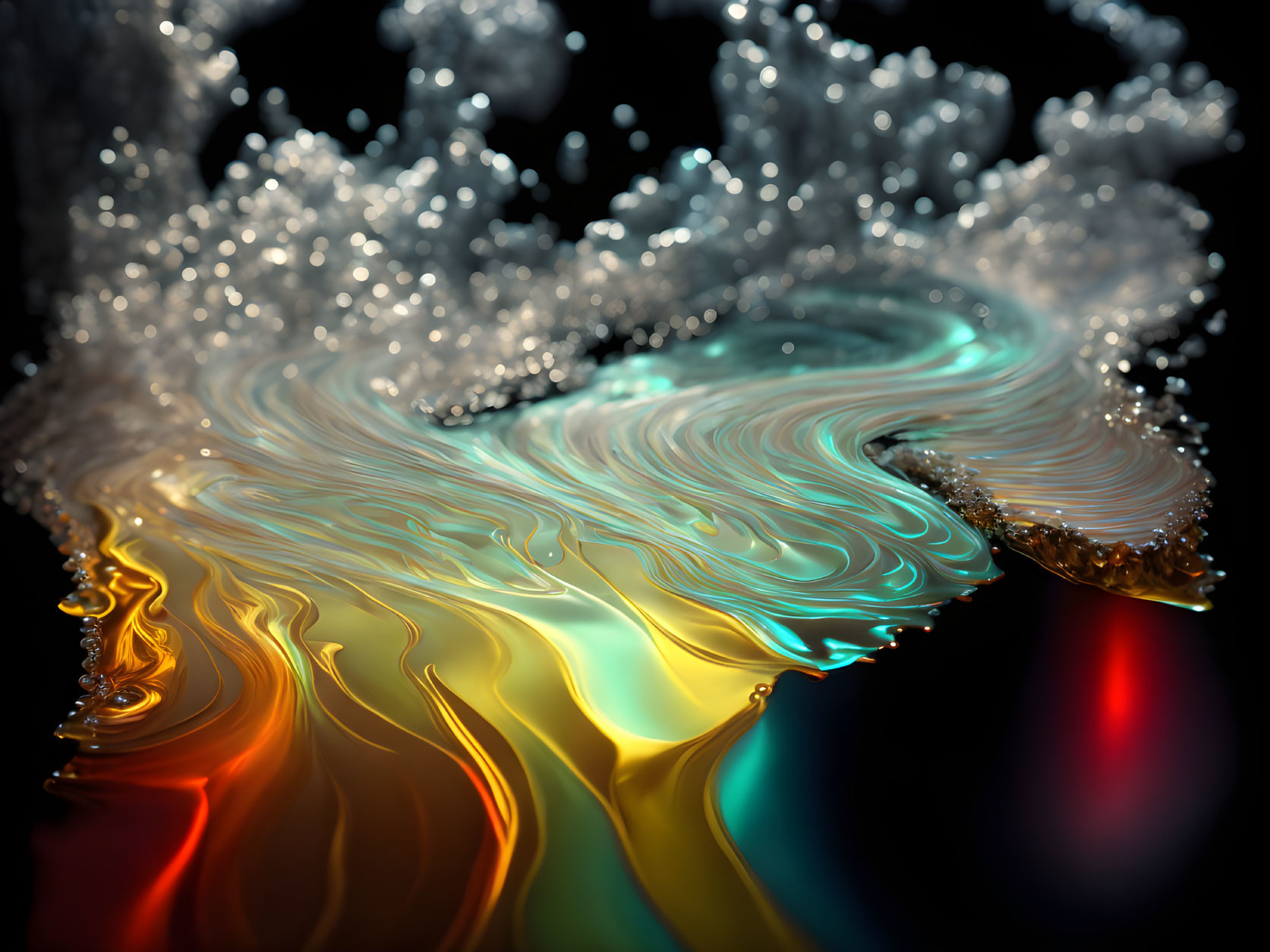 Colorful 3D Fluid Art: Gold, Teal, Orange Swirls on Dark Background