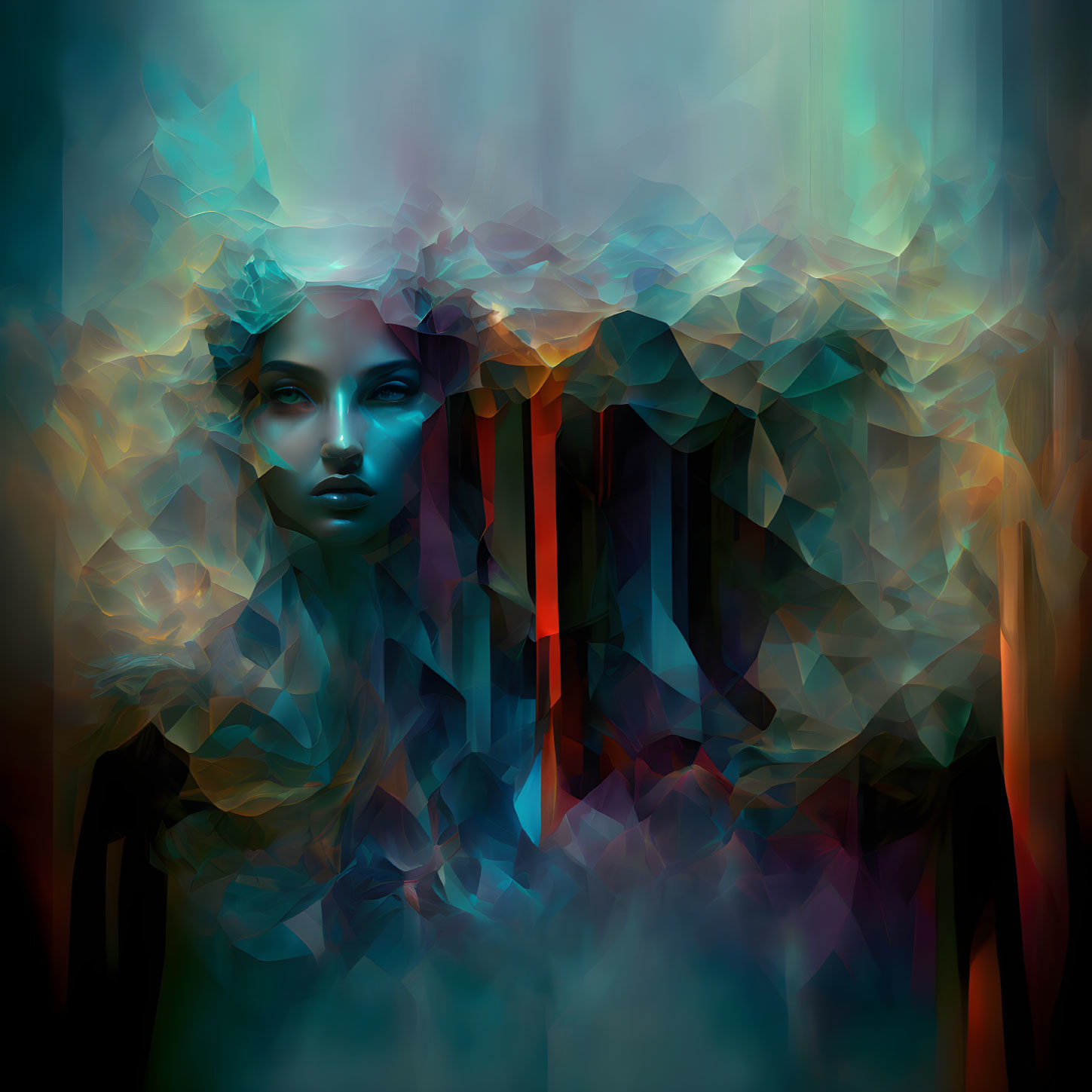 Abstract digital artwork: Woman's face with polygonal texture in blue, red, and orange