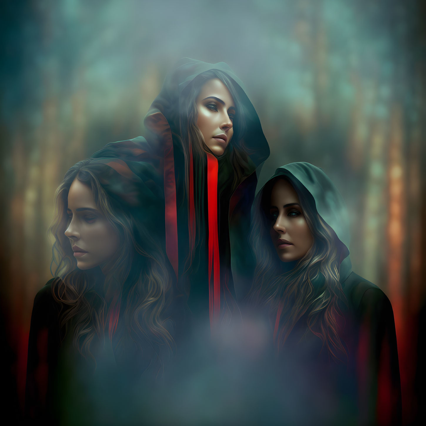 Three women in hooded cloaks in misty forest - mystical and thoughtful ambiance