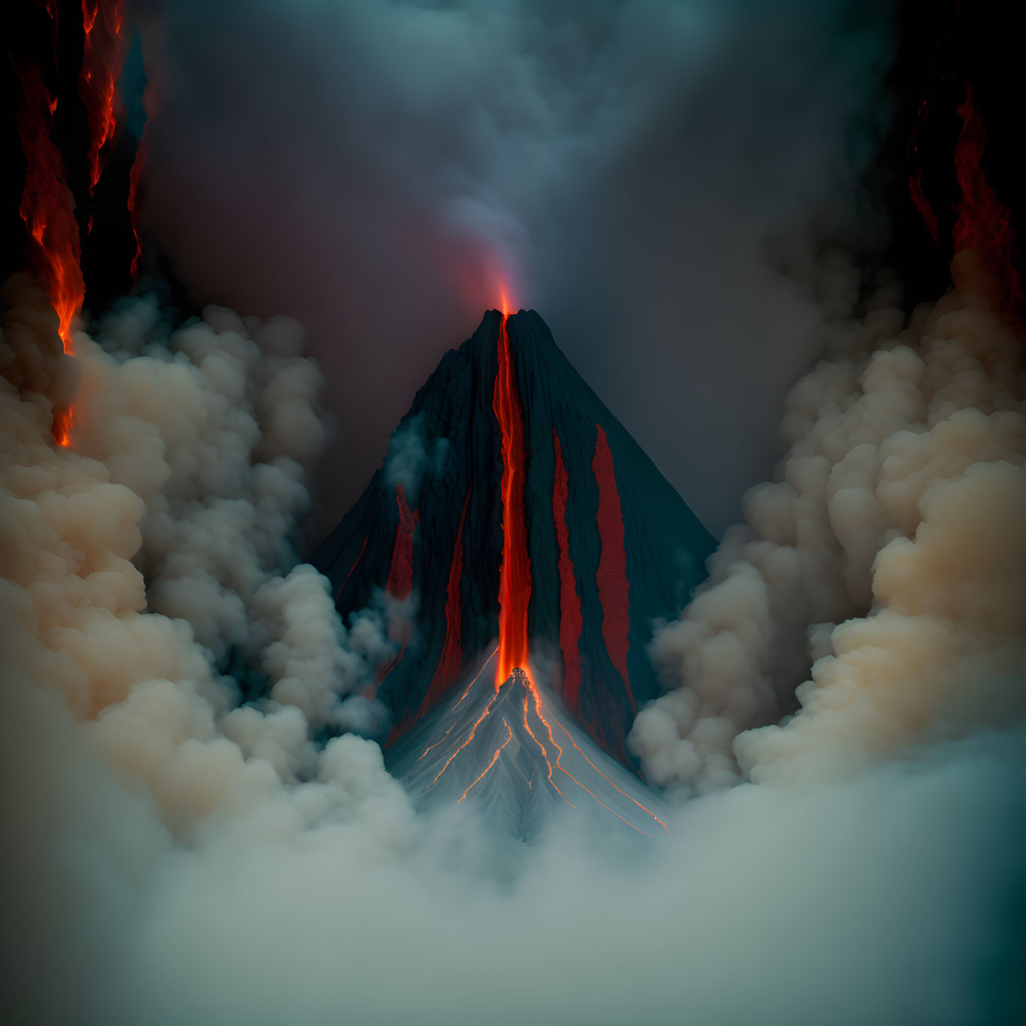 Erupting volcano spewing lava and smoke in dark sky