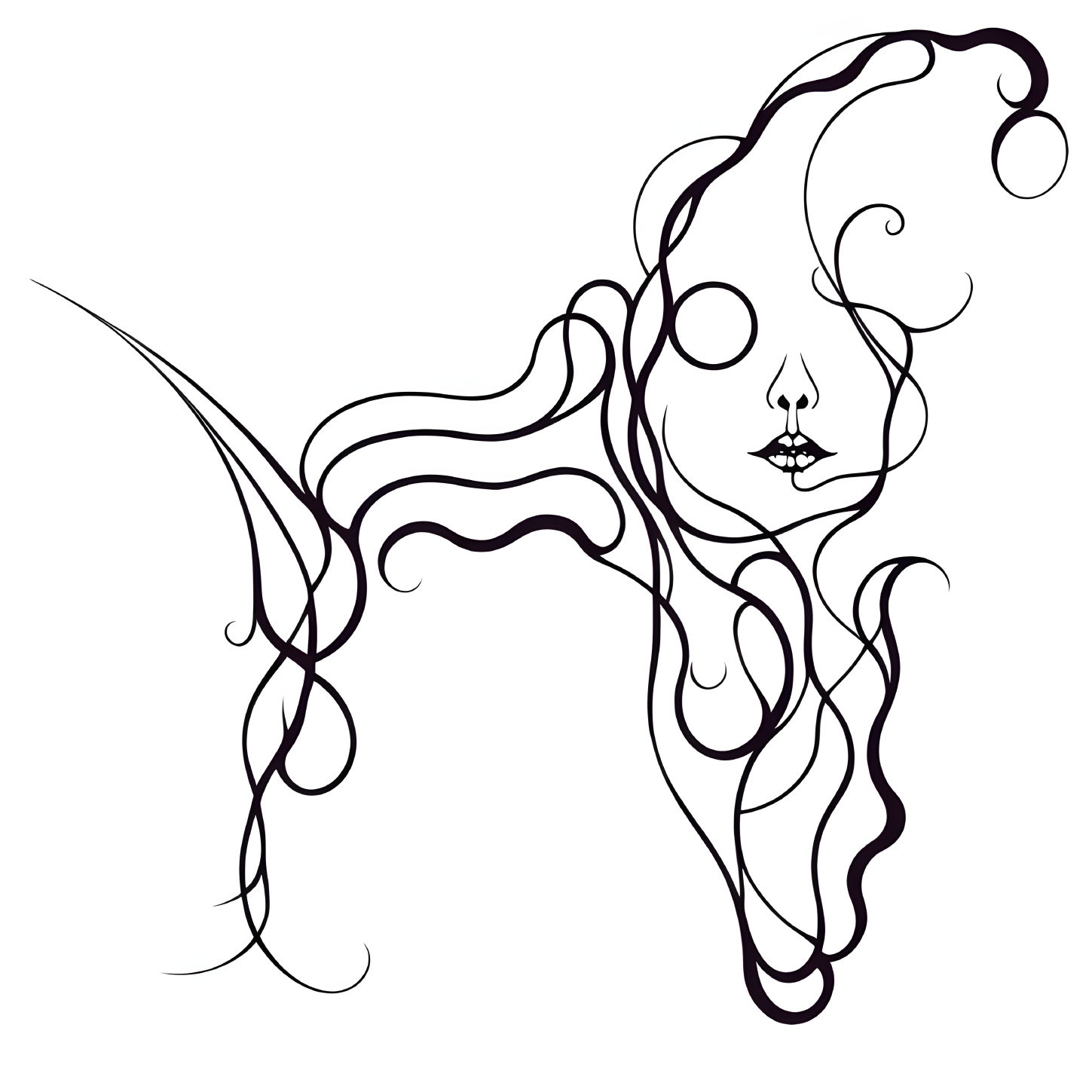 Abstract Female Face Line Art with Flowing Hair and Swirls