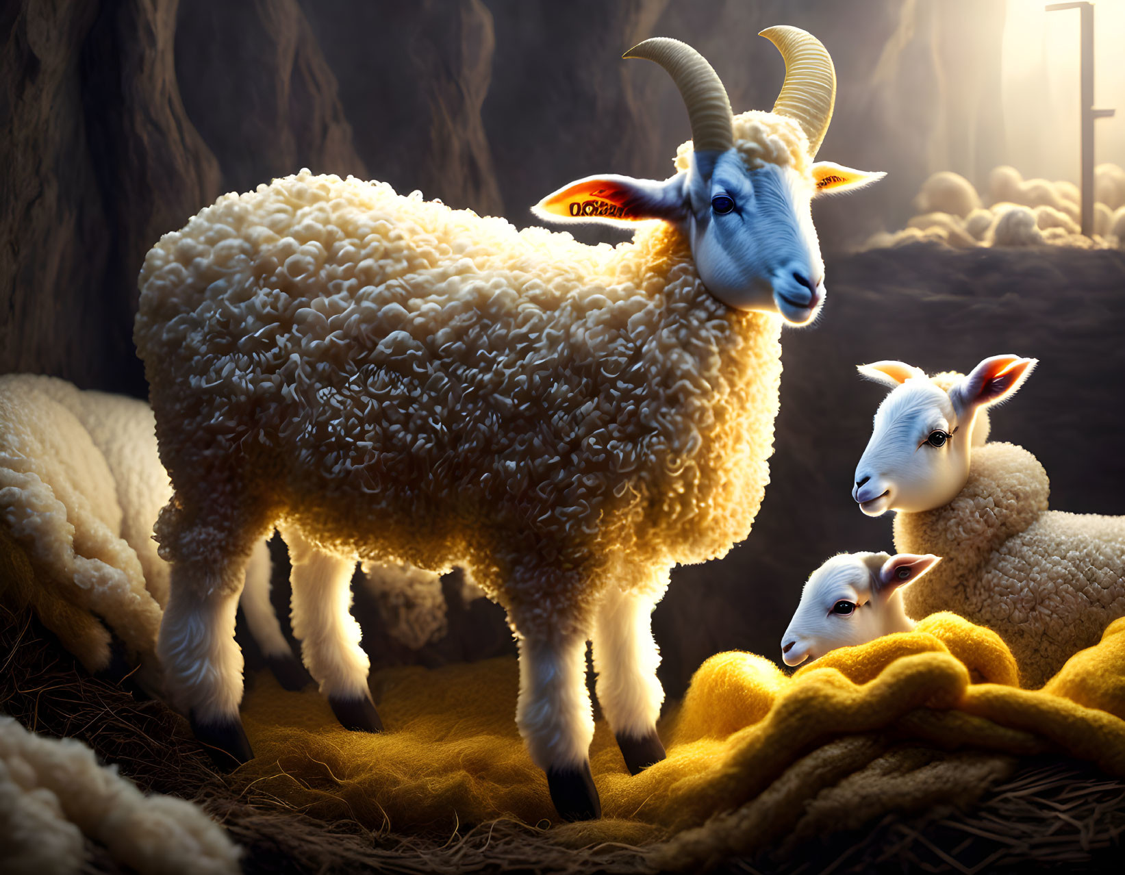 Illustration of sheep with human-like faces in cozy barn with smiling ram