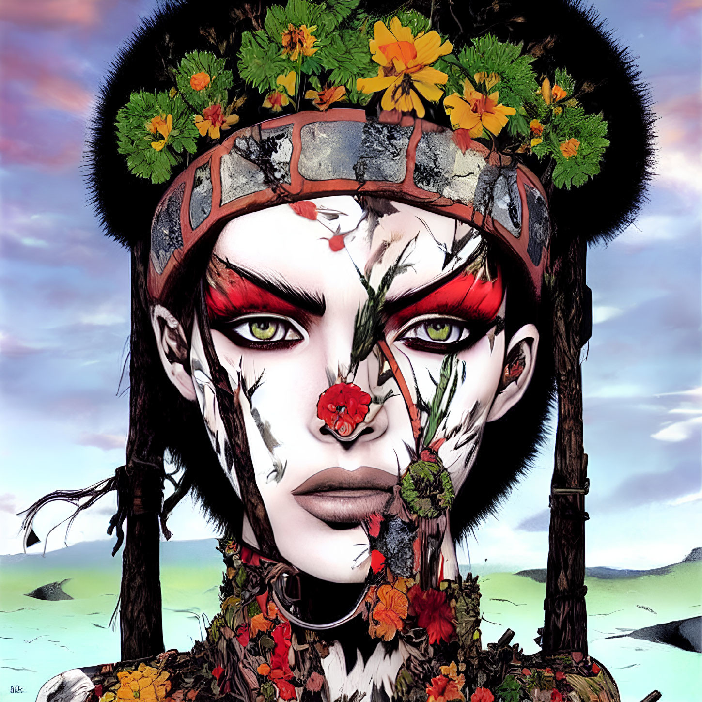 Person with intricate face paint in floral headdress against surreal landscape