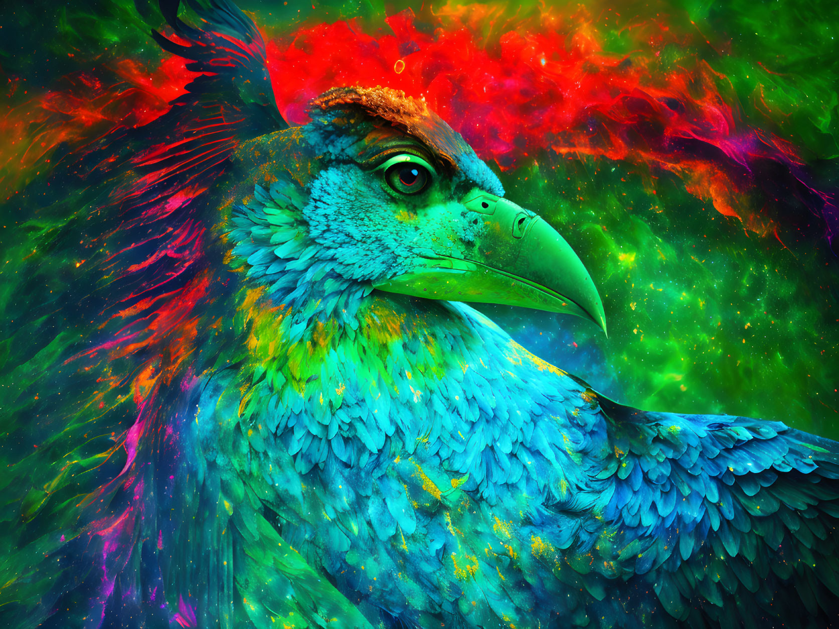 Colorful Eagle Artwork Against Abstract Cosmic Background