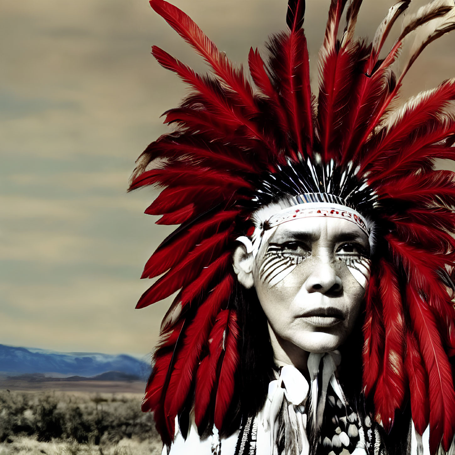 Person in Native American headdress with red feathers, painted face, gazing into distance.