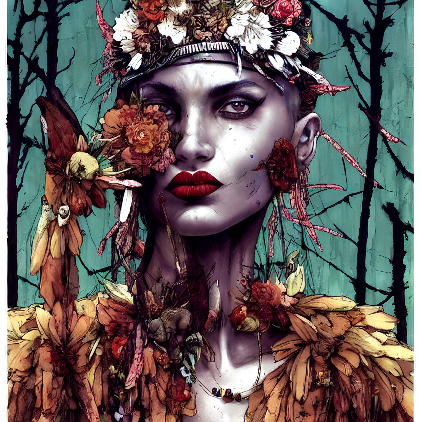 Surreal portrait of female figure with floral crown and autumn-colored flower dress against teal backdrop
