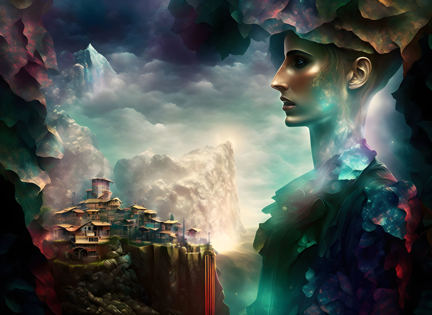 Colorful digital artwork: Woman's profile merges with fantastical landscape