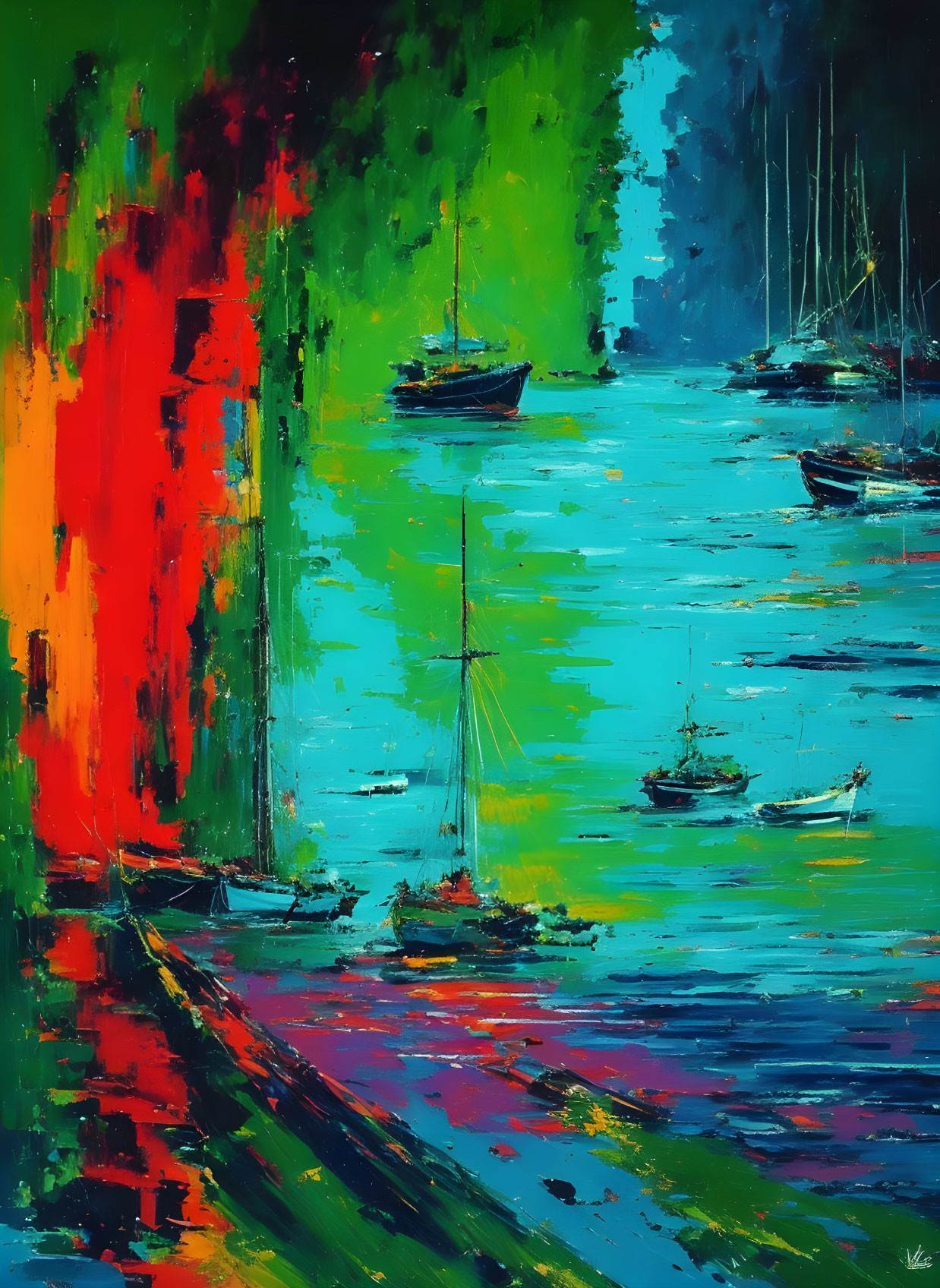 Vibrant abstract painting: boats on blue water with red and green reflections