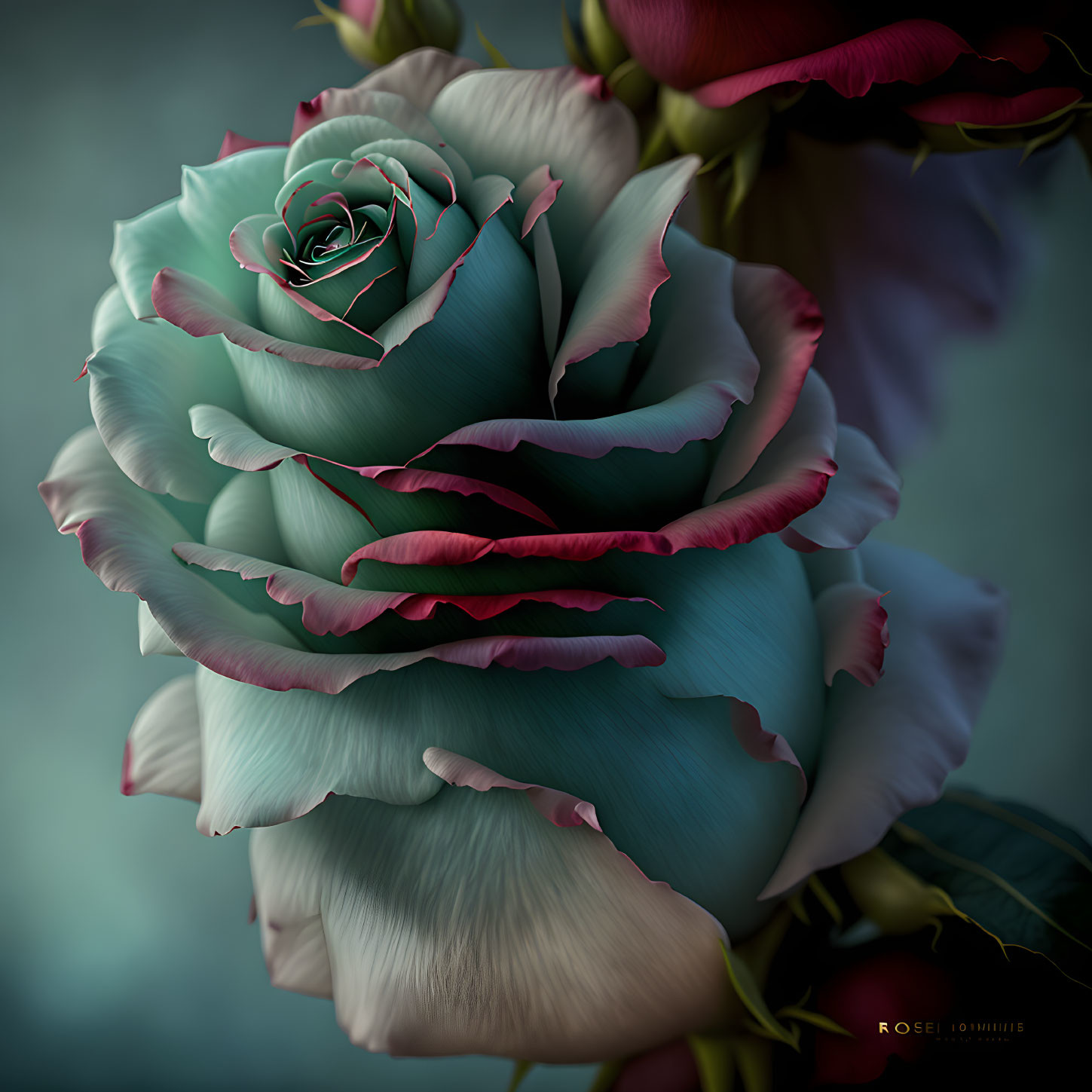 Detailed digital rose art: teal and pink petals with intricate shading.