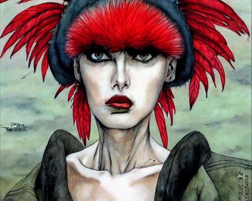 Illustration of person with red feathered headdress, bold lips, military jacket