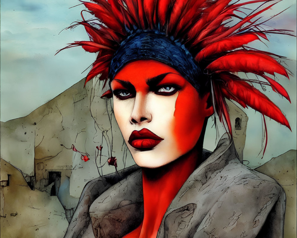 Stylized portrait of a person with red feather headdress and blue eyes