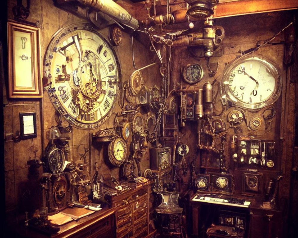 Vintage Room with Antique Clocks, Barometers, and Brass Instruments