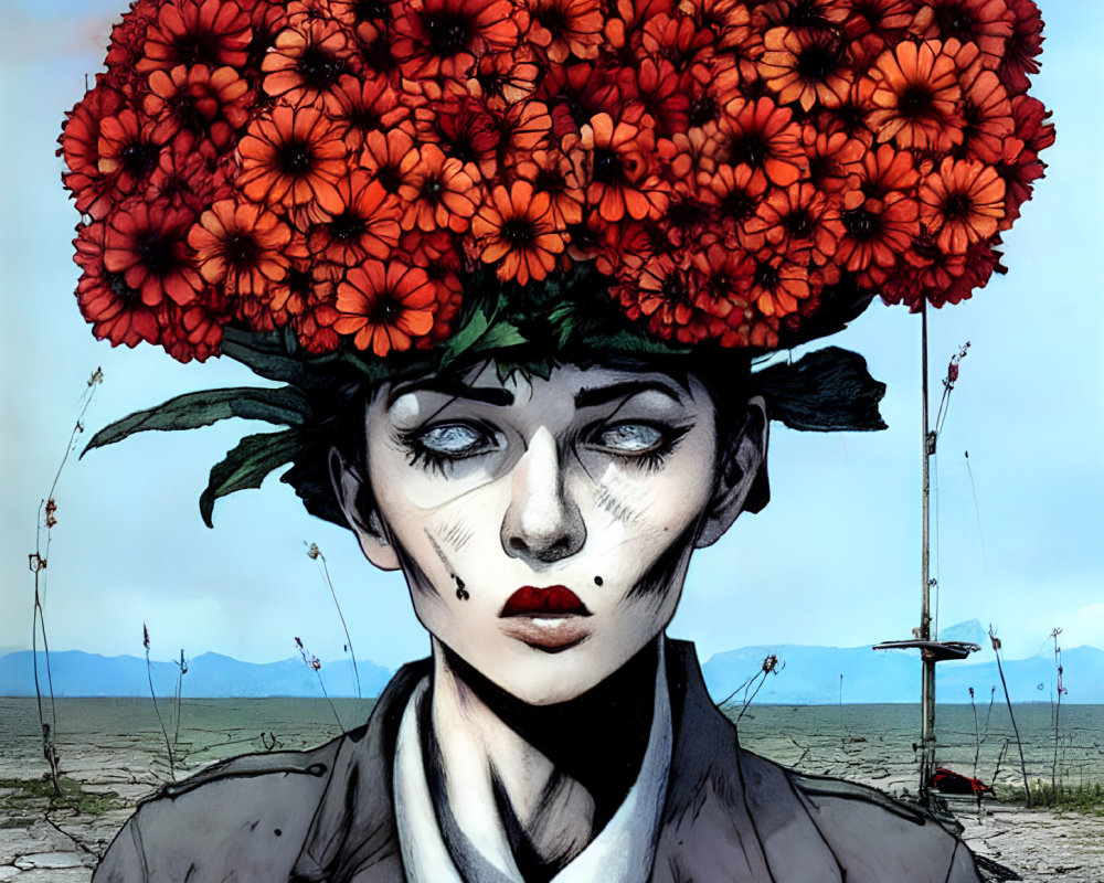 Person with Red Flower Bouquet Head in Surreal Landscape