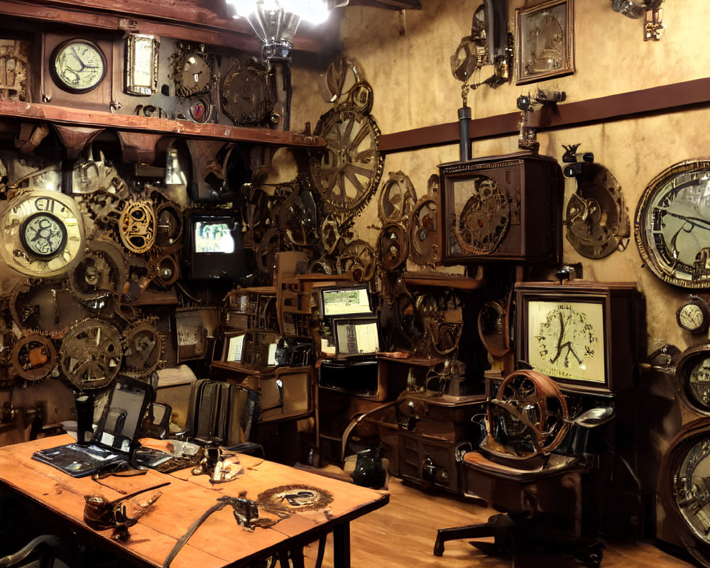 Steampunk-themed Room with Vintage Clocks, Gears, Wooden Desk, and Ambient Lighting