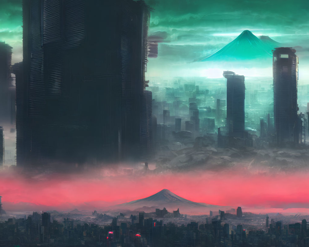 Futuristic cityscape with towering skyscrapers and illuminated mountain under green-tinged sky