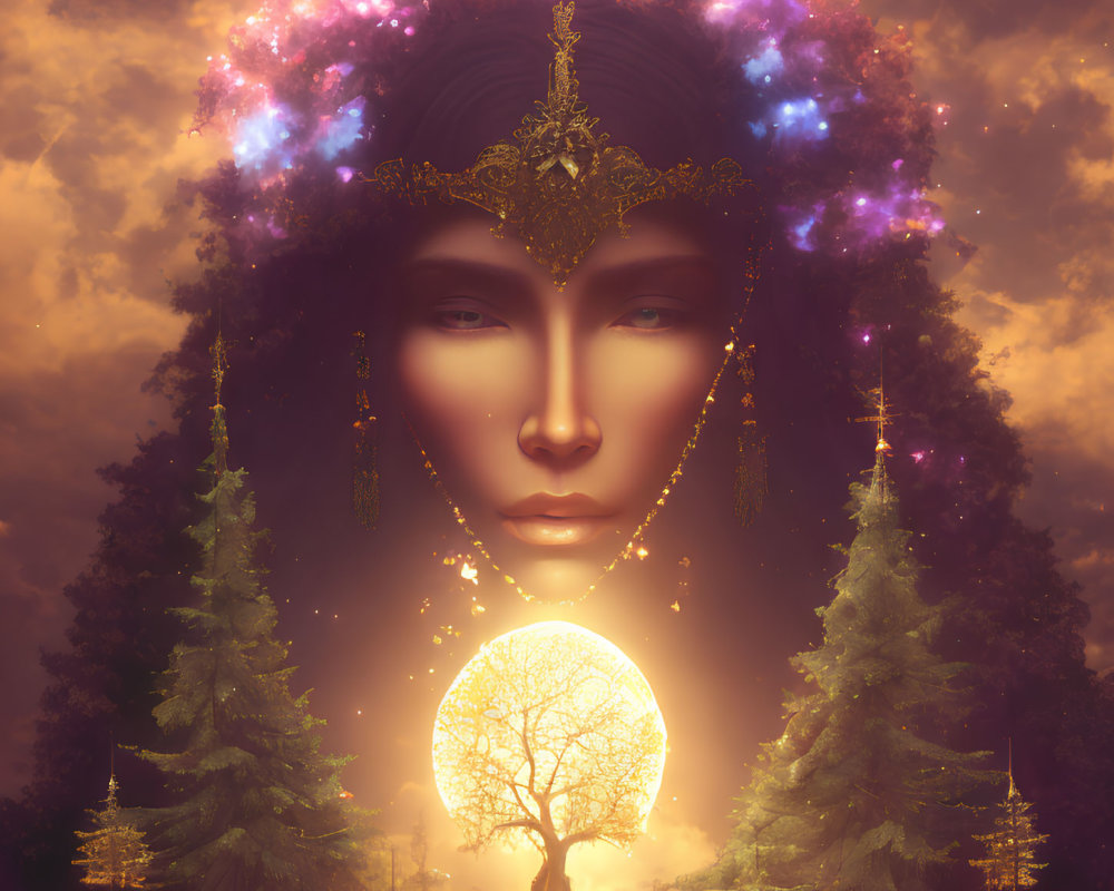 Mystical figure with star-filled hair and glowing tree orb on golden backdrop