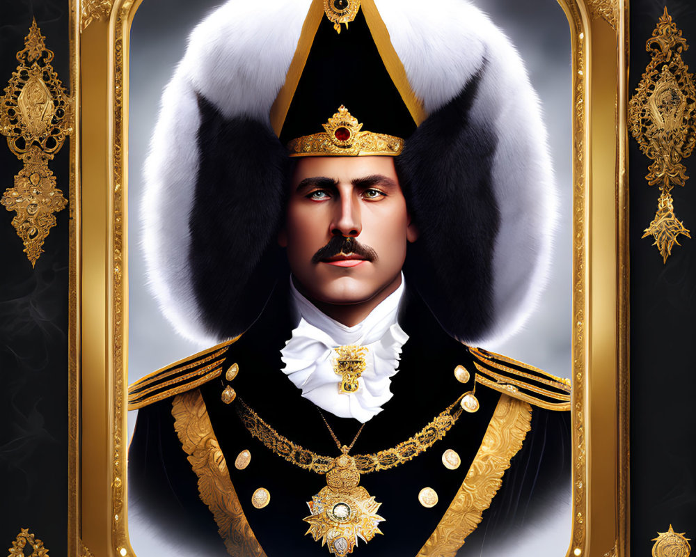 Regal portrait of a man in ornate military uniform with fur hat and golden frame