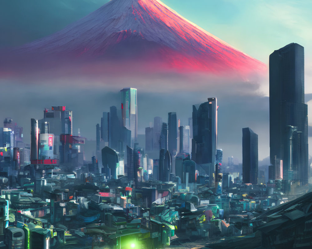 Futuristic cityscape with neon signs and snow-covered Mount Fuji at dusk