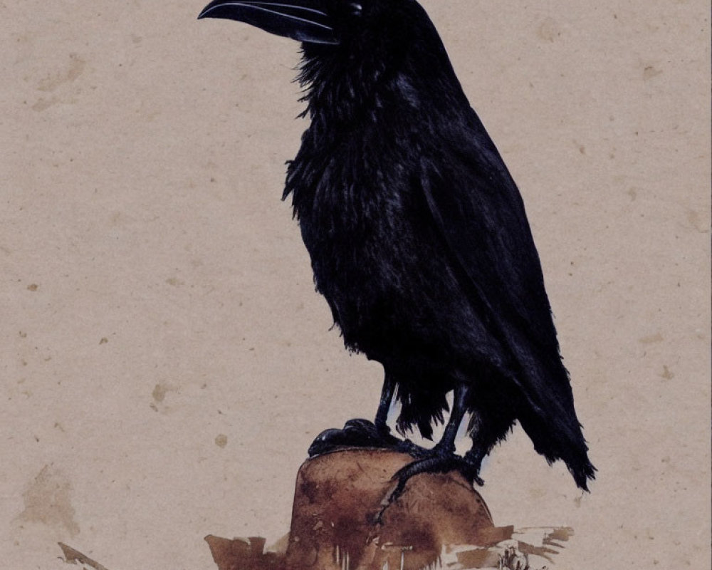 Illustrated Raven with Glossy Black Feathers on Rough Textured Surface