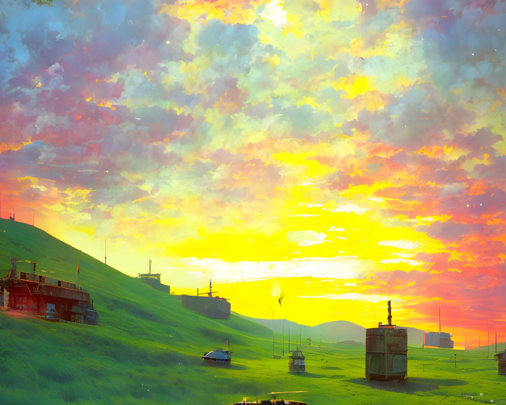 Scenic sunset over green hill with buildings and antennas