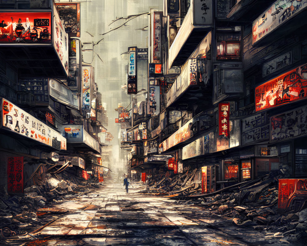 Urban Asian setting with solitary figure in dystopian alley