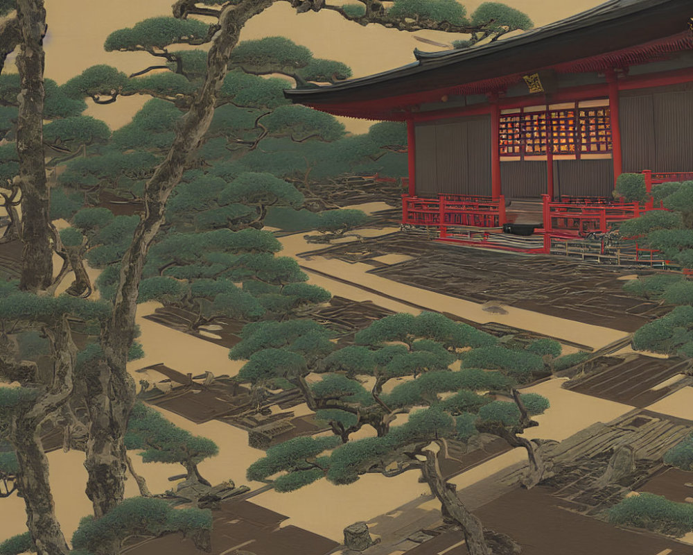 Japanese-style Architecture with Red Accents in Tranquil Pine Tree Setting