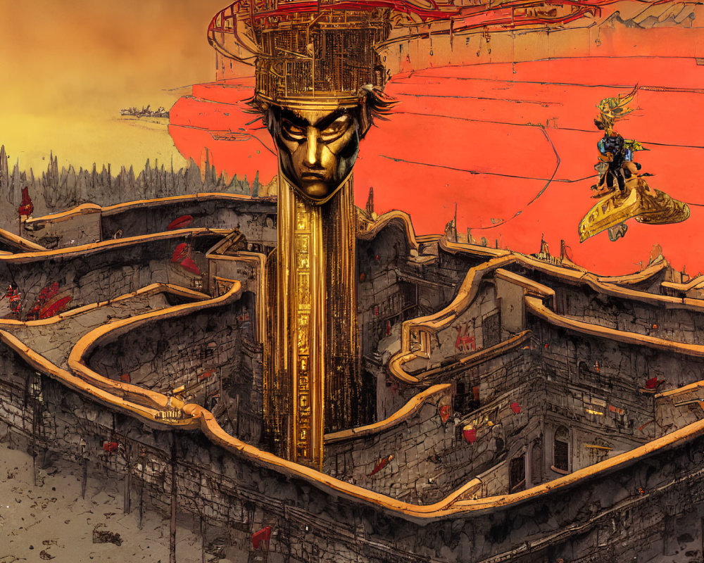 Surreal artwork: Golden face in ancient fortress under red sky
