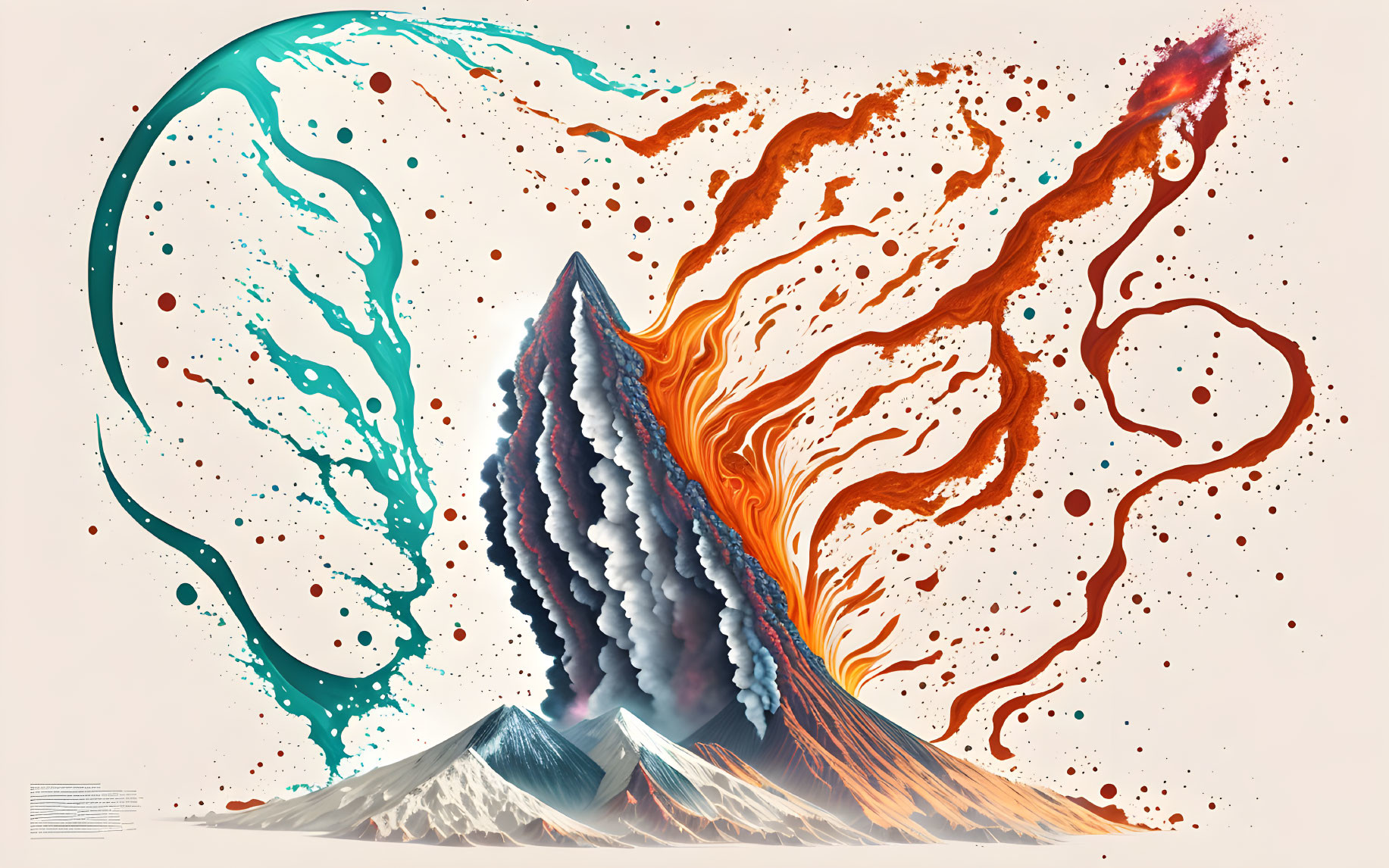 Split mountain with orange lava and blue liquid on light background