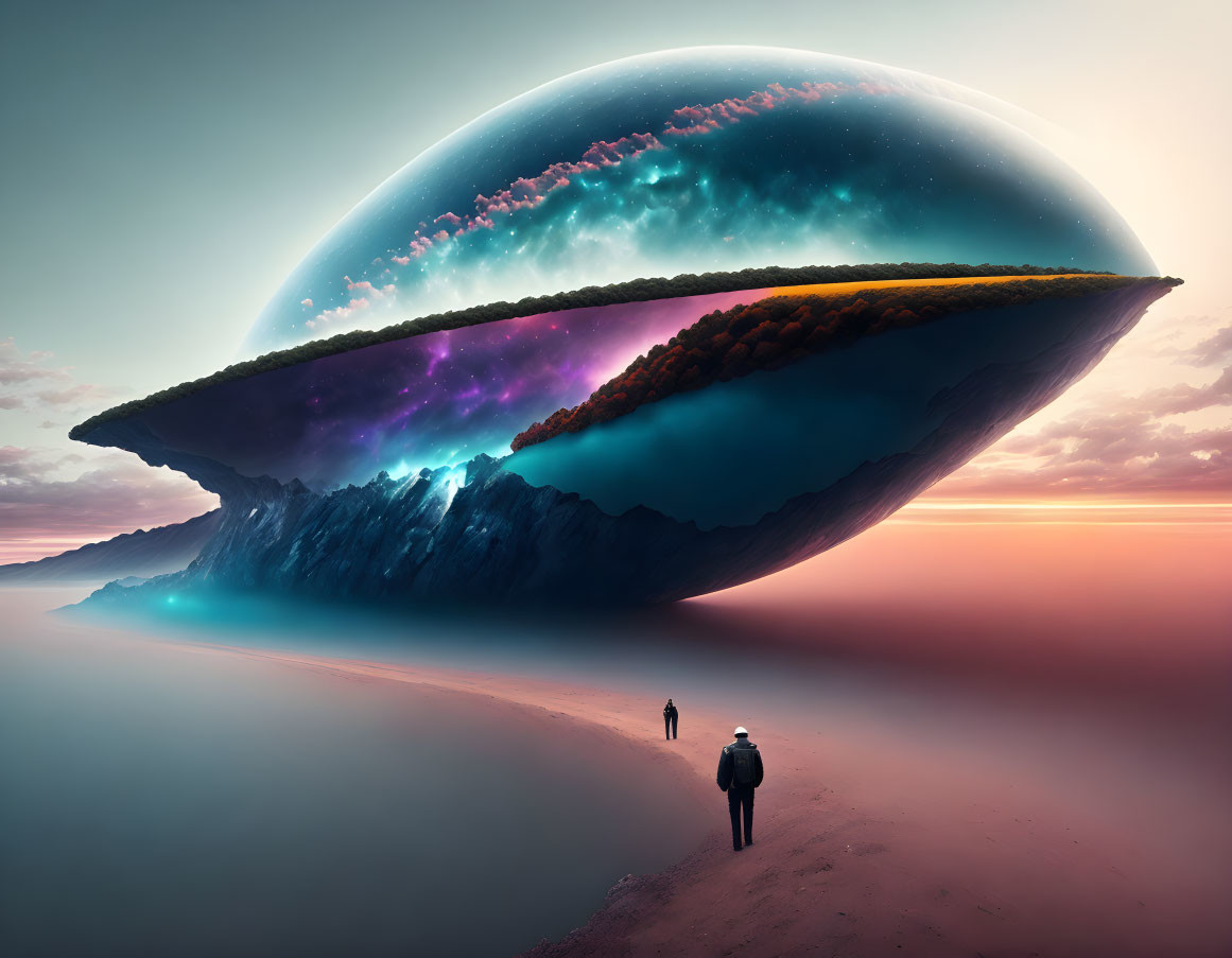 Surreal landscape with levitating sphere and inverted terrain.