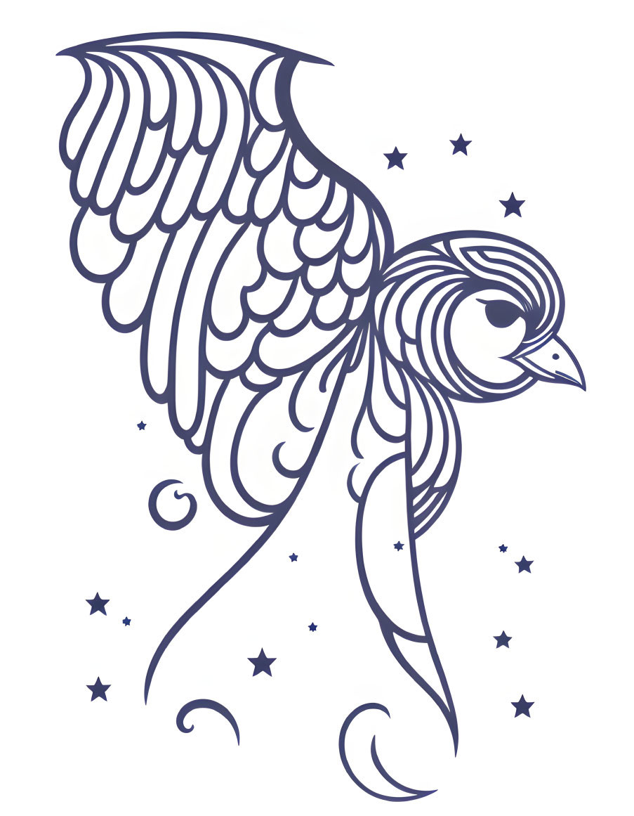 Elaborate monochromatic bird line drawing with stars and swirls