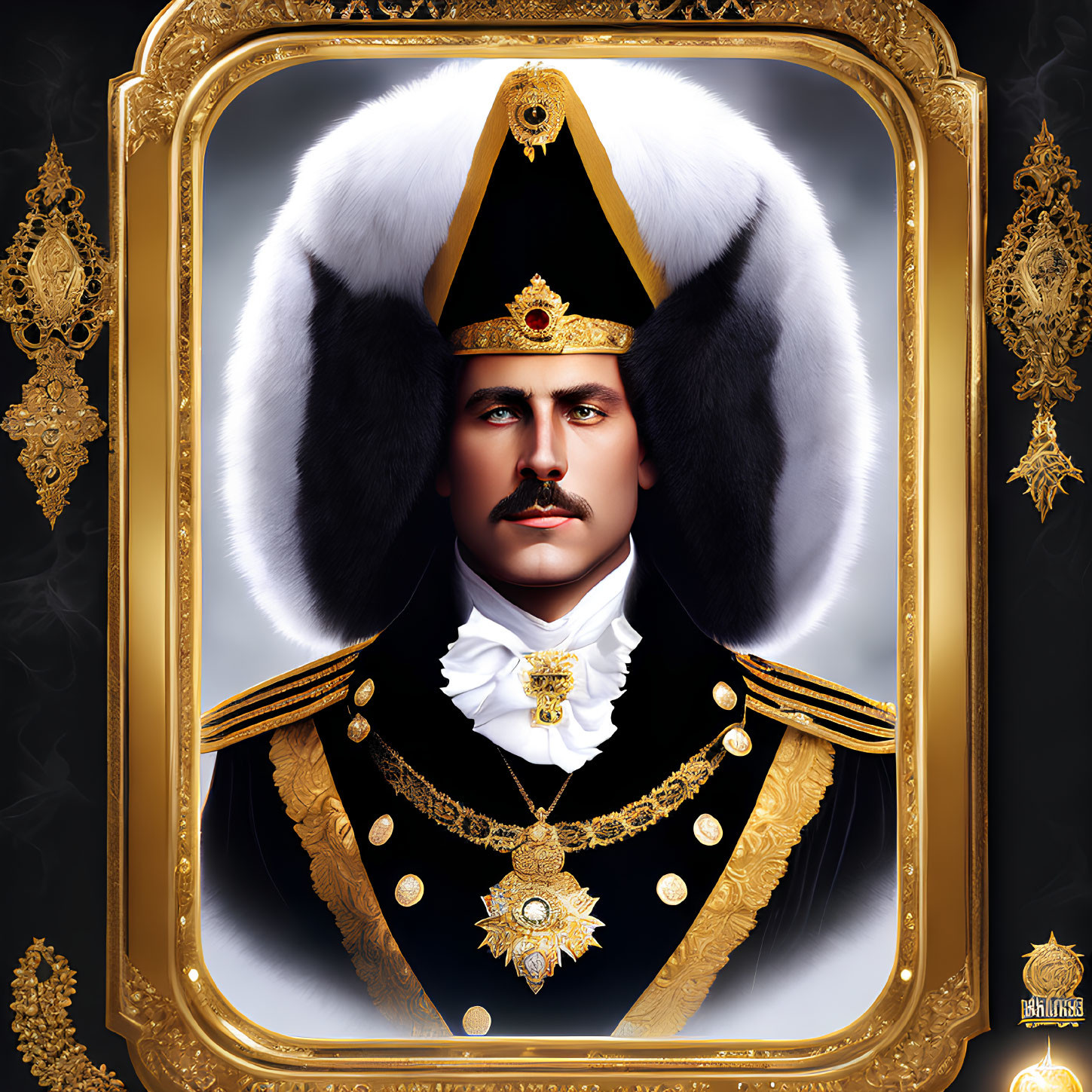 Regal portrait of a man in ornate military uniform with fur hat and golden frame