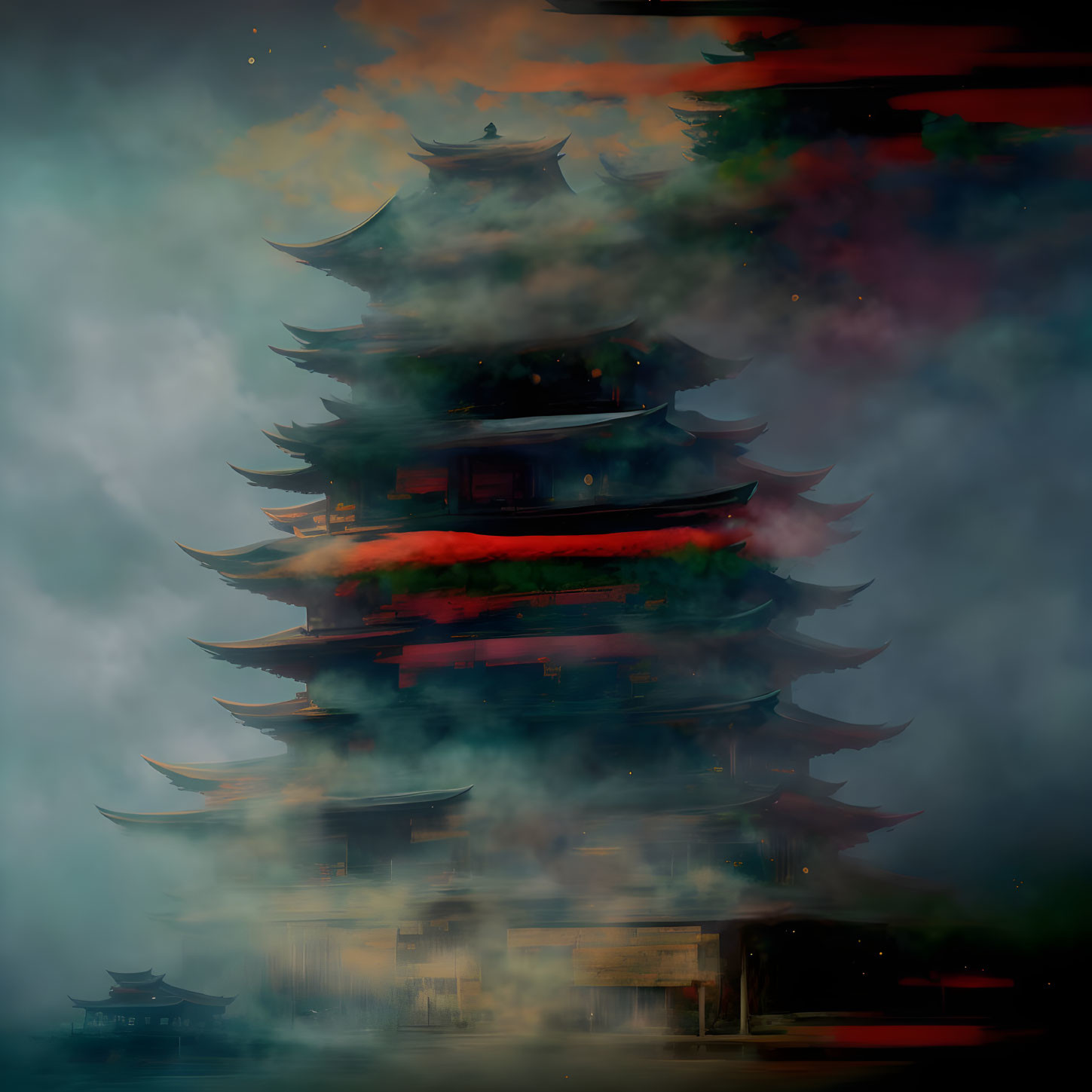 Mystical ancient pagoda in colorful fog under dusky sky