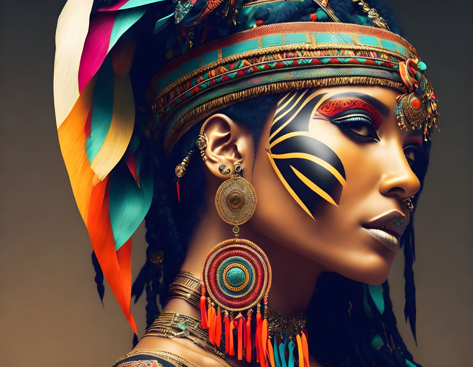 Woman adorned in tribal makeup and feathered headdress.