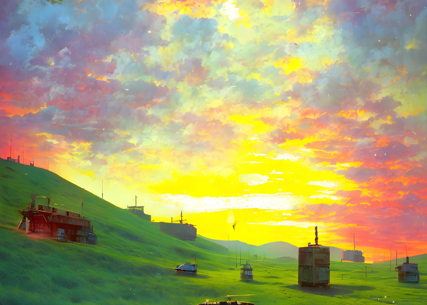 Scenic sunset over green hill with buildings and antennas