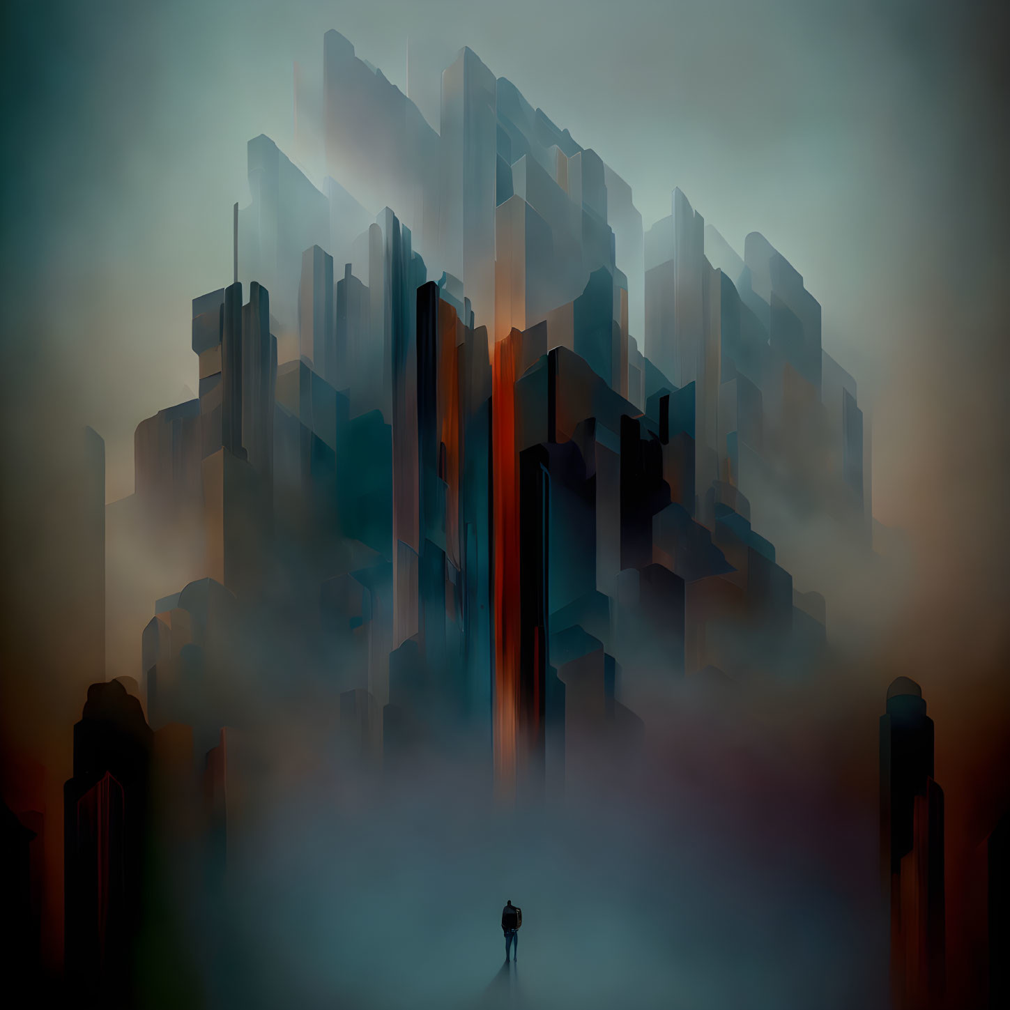 Mysterious figure in front of surreal misty skyscrapers