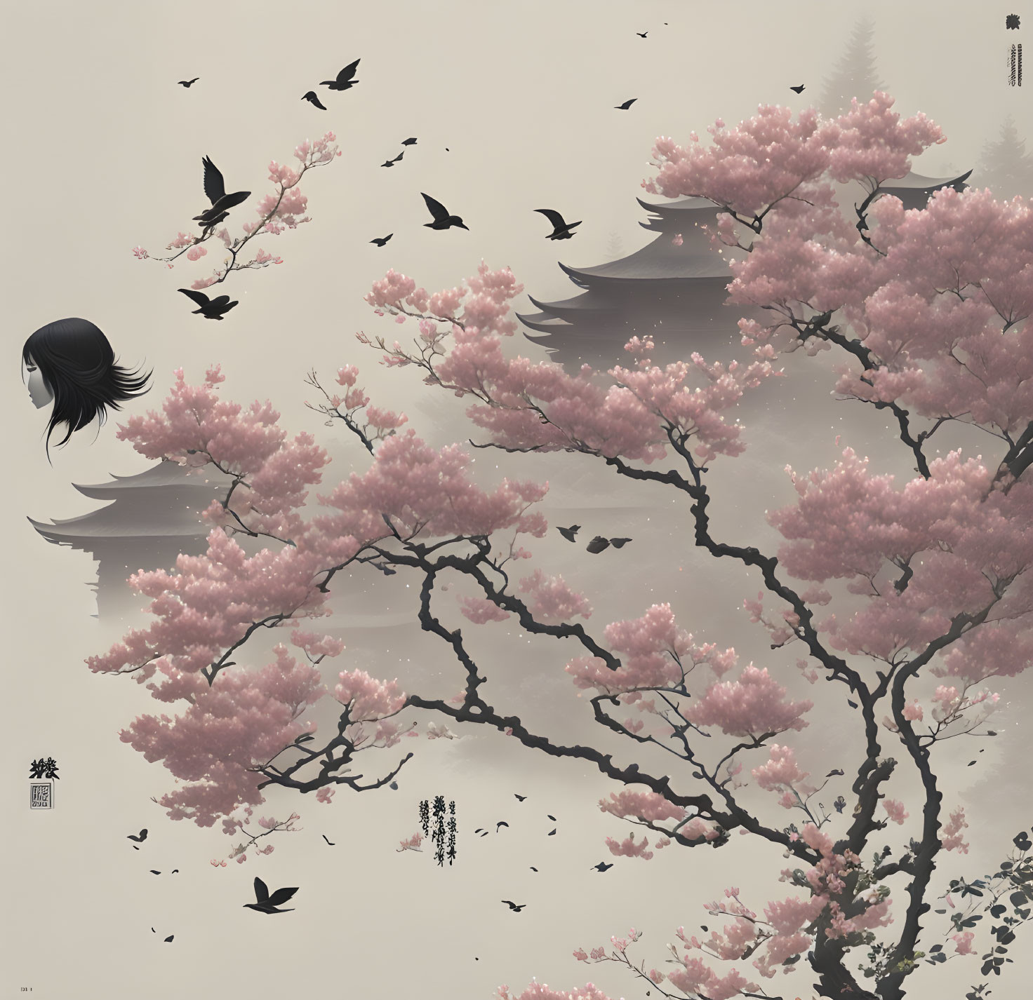 Cherry Blossoms, Birds, Asian Architecture & Calligraphy Artwork