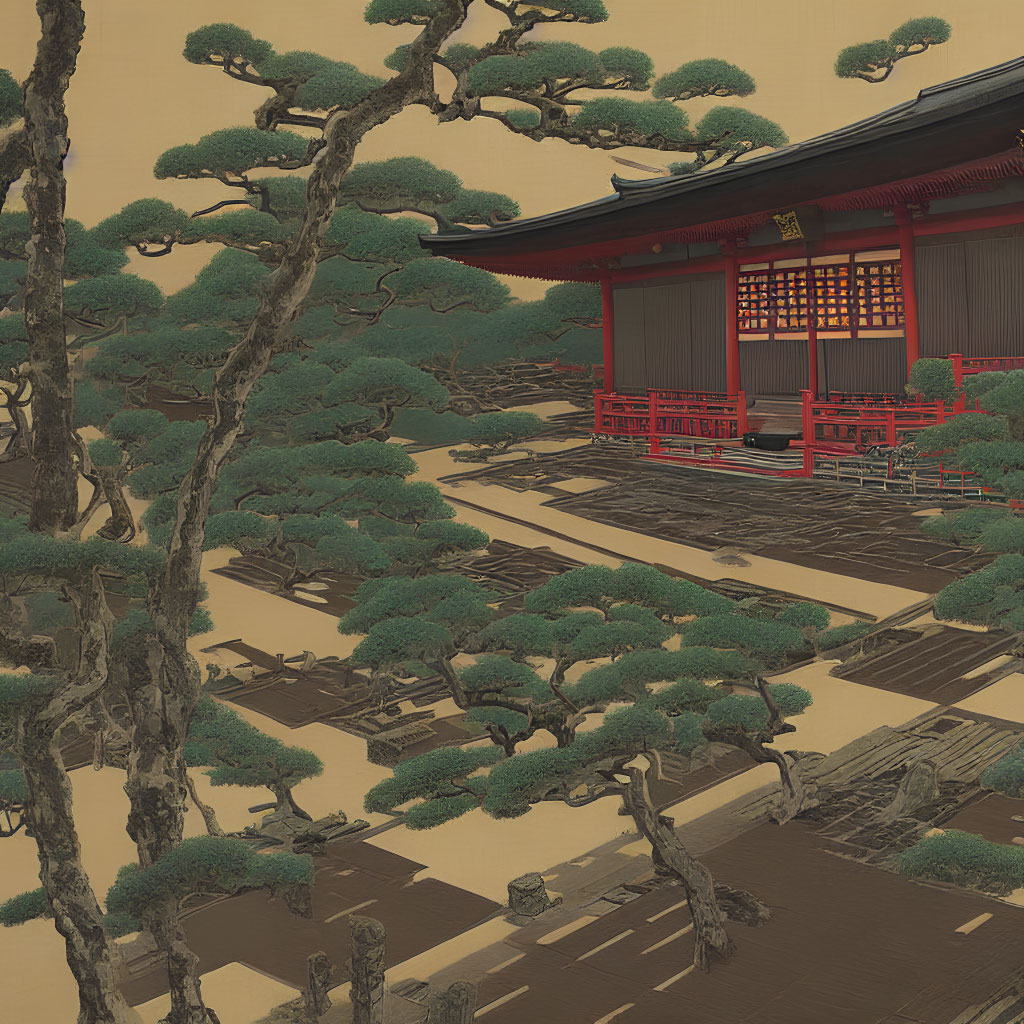 Japanese-style Architecture with Red Accents in Tranquil Pine Tree Setting