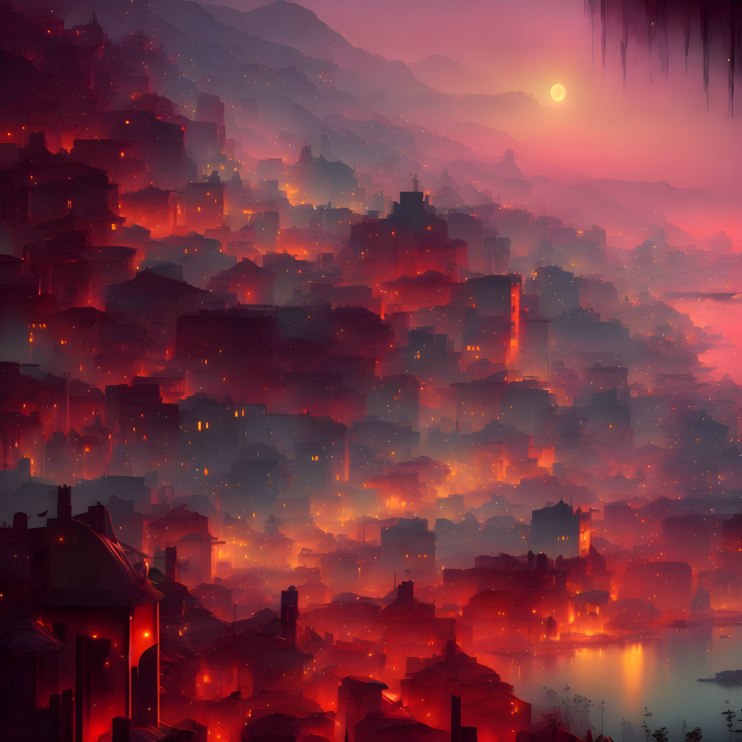 Misty sunset cityscape with red-roofed houses cascading down hills