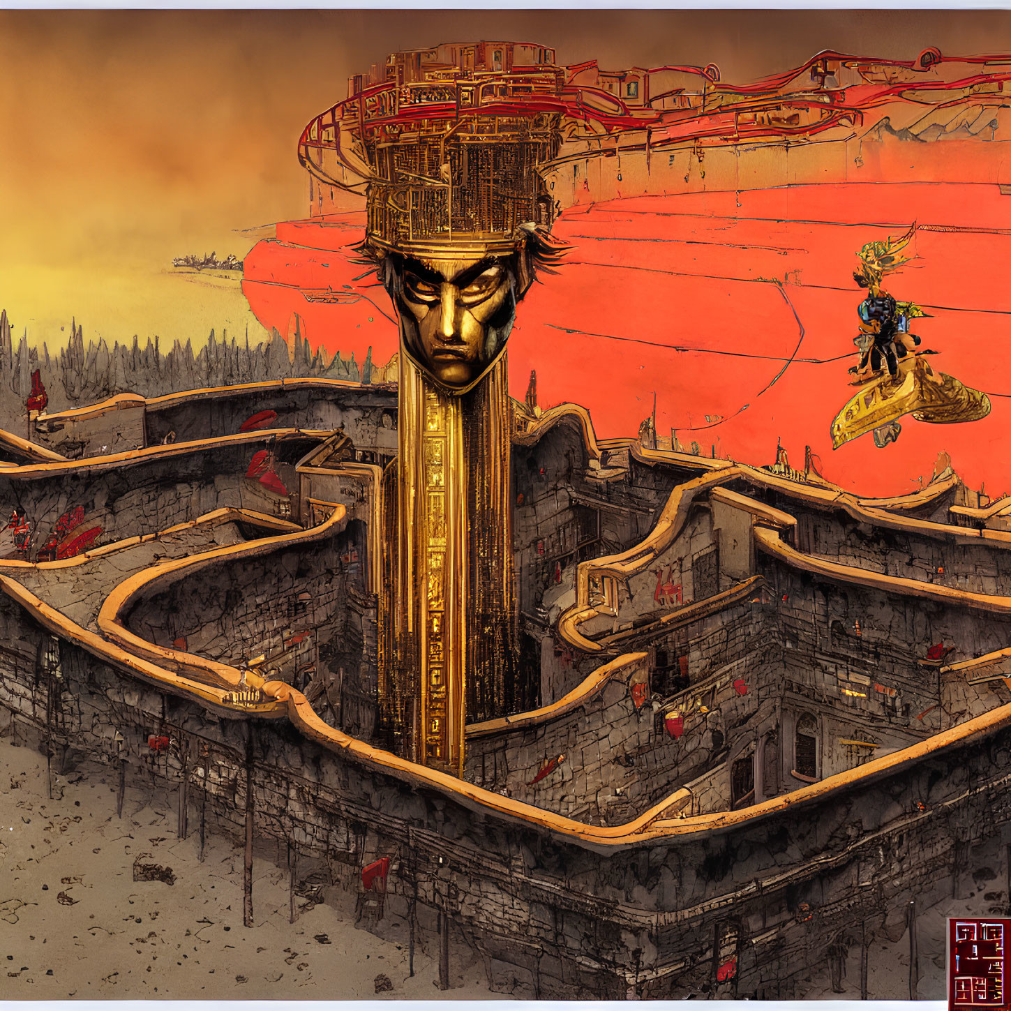 Surreal artwork: Golden face in ancient fortress under red sky