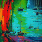 Colorful Abstract Painting: Boats, Red, Green, Blue Strokes, Car