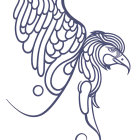 Elaborate monochromatic bird line drawing with stars and swirls