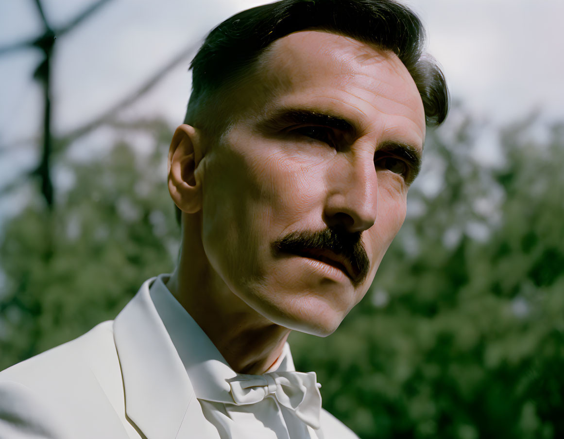 Man with slicked mustache in white suit and bow tie posing outdoors among trees