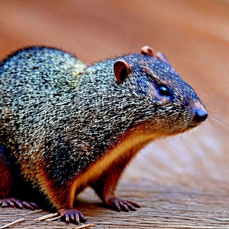 Squirrel with glossy fur on wooden surface, looking sideways