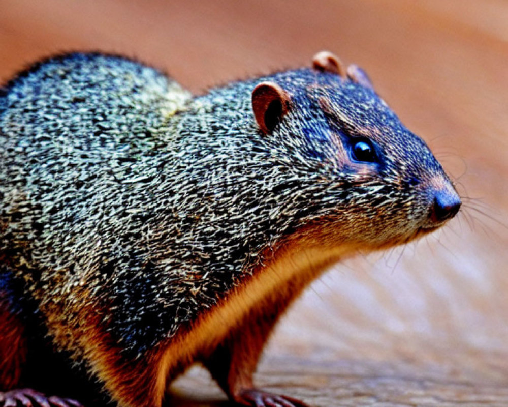 Squirrel with glossy fur on wooden surface, looking sideways