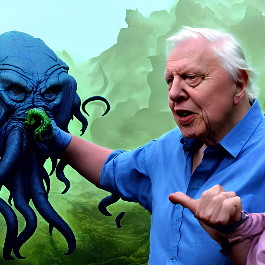 Elderly man in blue shirt with blue octopus on green background