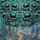 Futuristic cityscape with towering cylindrical structures and glowing neon lights