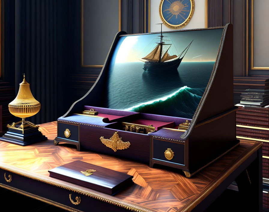 Luxurious Desk with Ornate Writing Box, Ship Image, Vintage Lamp, and Clock