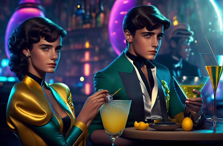 Stylish individuals with retro hairstyles in a luxurious bar ambiance.