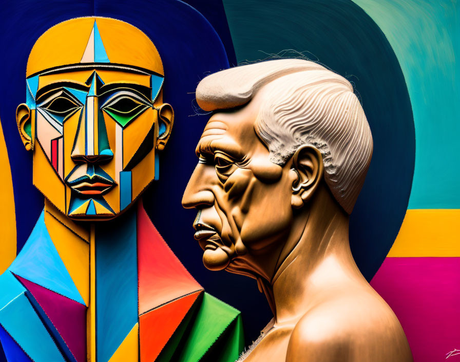 Vibrant art with contrasting faces: geometric patterns vs. realistic details